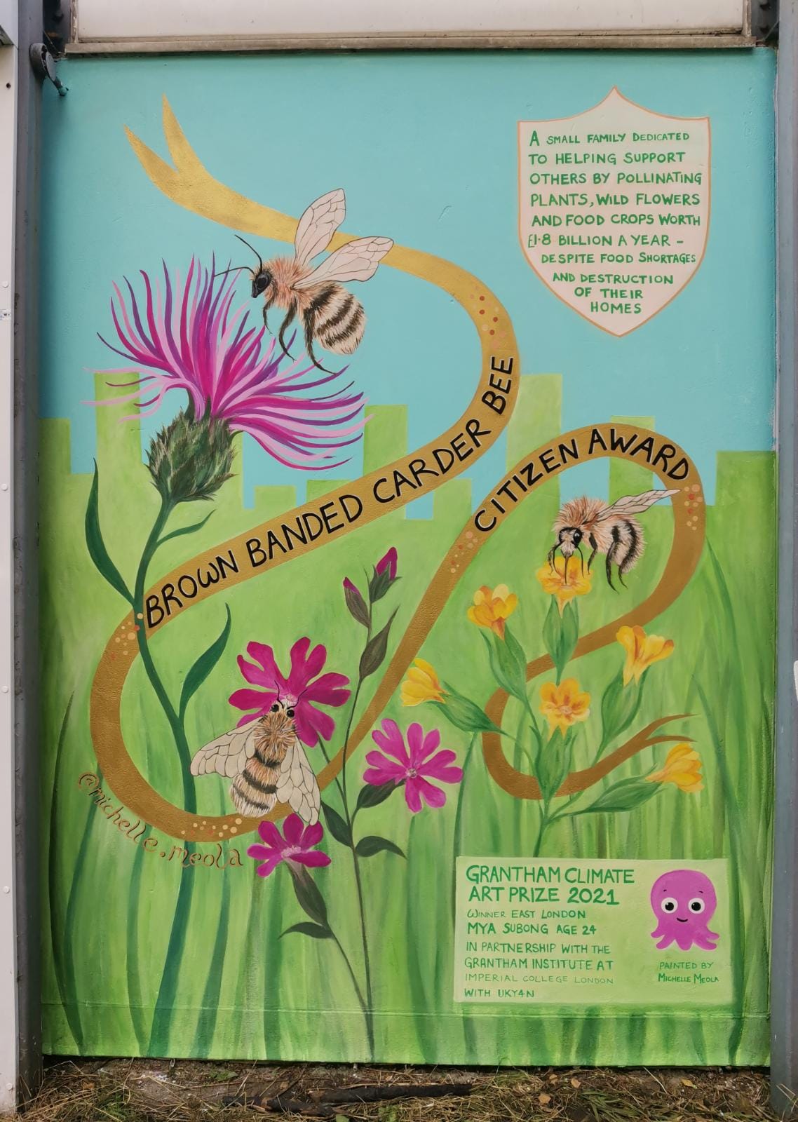 A painted mural in Tower Hamlets, depicting the effects of climate change on habitat loss through the use of a citizen award for the brown banded carder bee