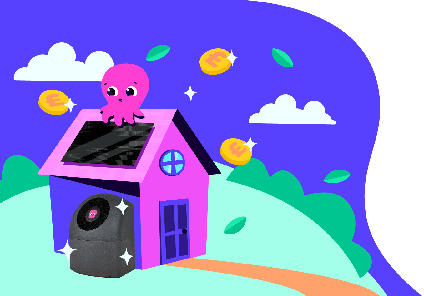 illustration of solar panels and a heat pump on a house