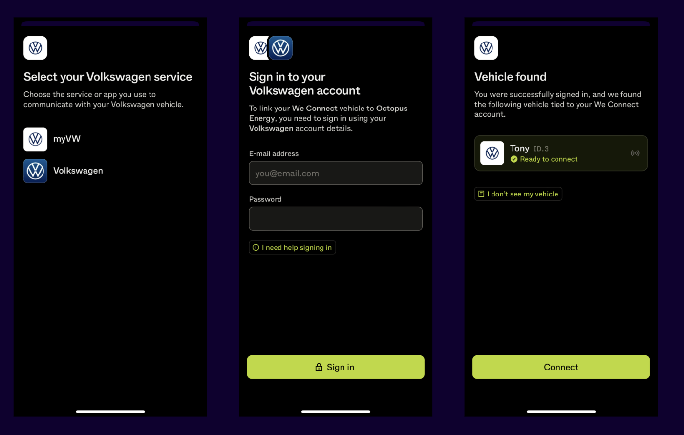 A screenshot of the Octopus app showing to EV connection steps