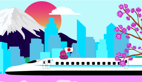 A graphic showing the Japanese bullet train with a little octopus sitting on top