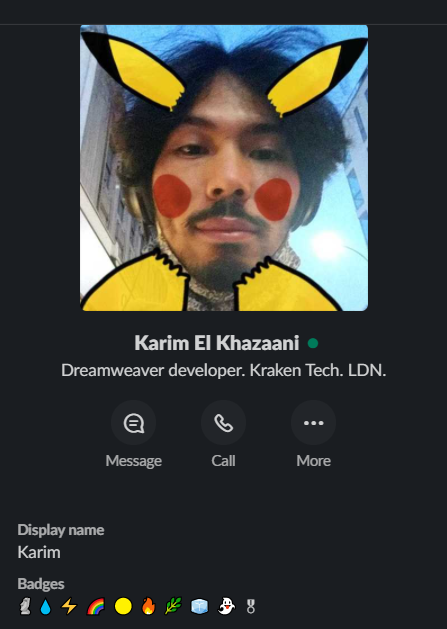 An Image of Karim's Slack Profile with its Pokemon Badges