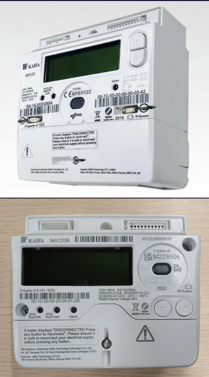 A meter display of Kaifa MA120 SMETS2 Electric Meter with vertical button configuration