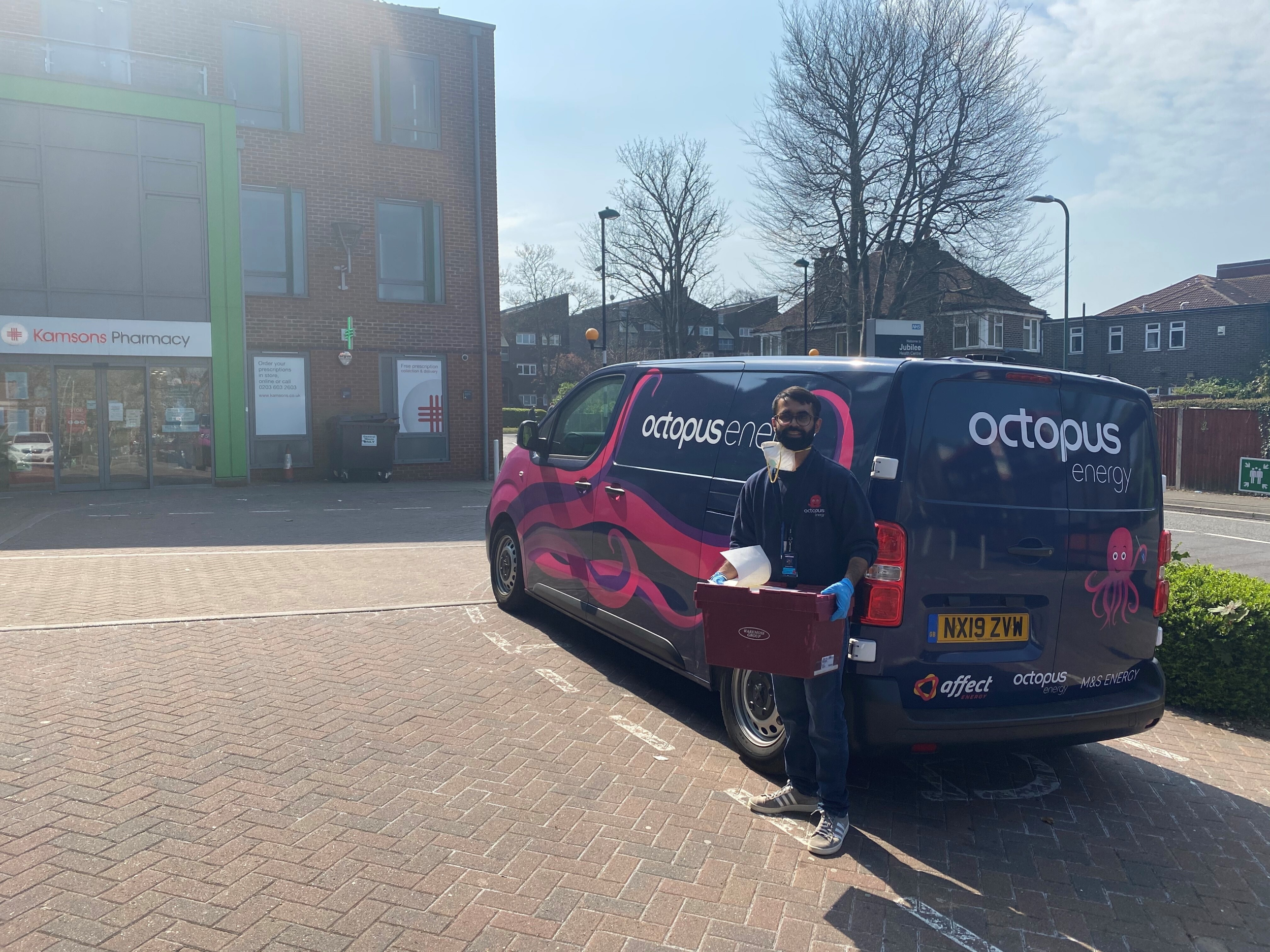 Octopus Energy Services engineer delivering food parcels in lockdown