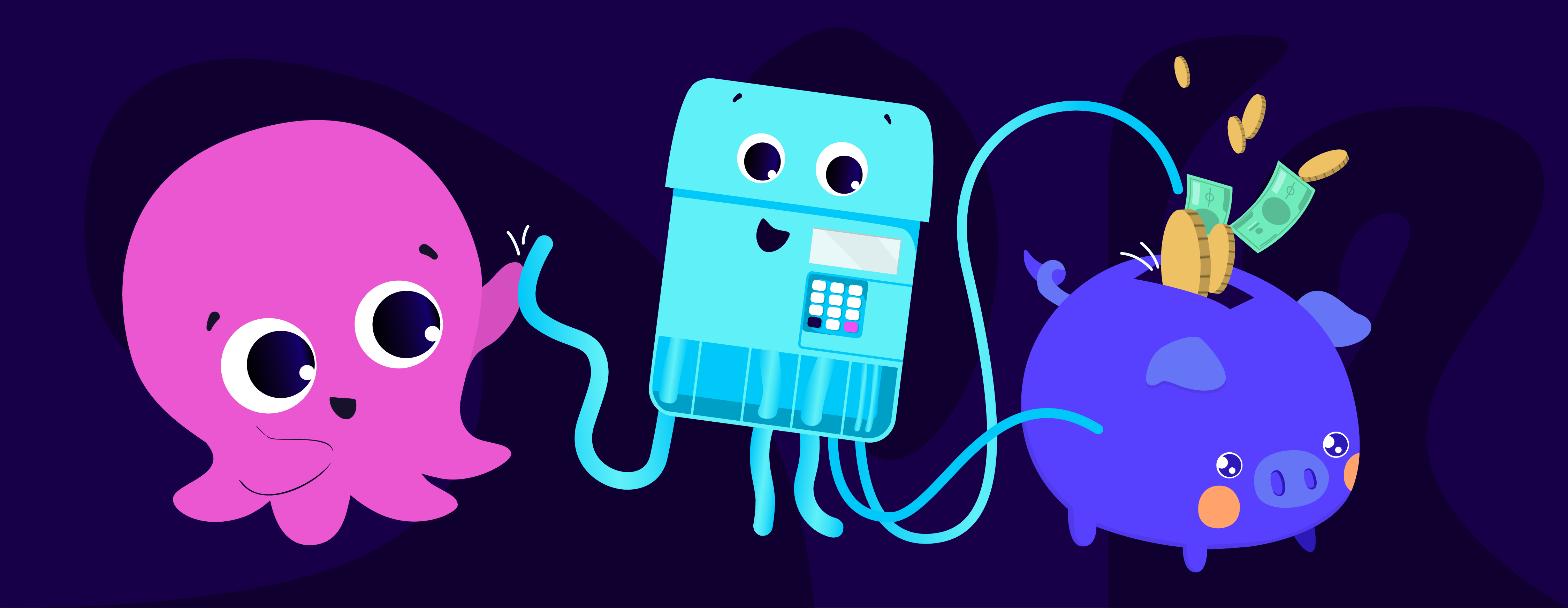 Constantine the pink Octopus holding the wire of a turquoise smart meter, with another wire adding money to a purple piggy bank.
