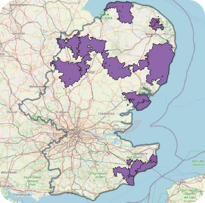 A map showing areas of the UK where Power-ups are available