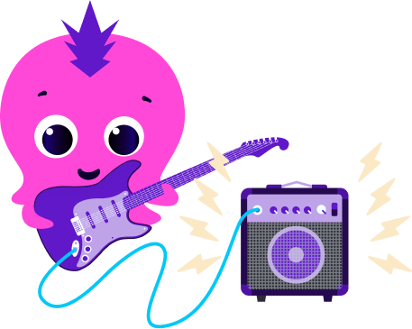 An illustration of a cute pink octopus rocking out on an electric guitar