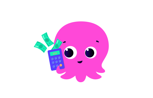 An illustration of a pink octopus with a calculator, saving money