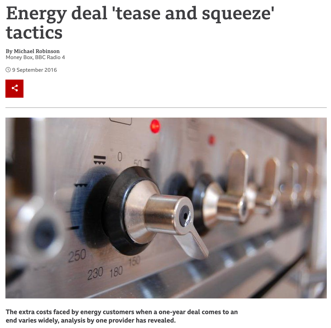 An image of a BBC headline reading 'Energy deal 'tease and squeeze' tactics'