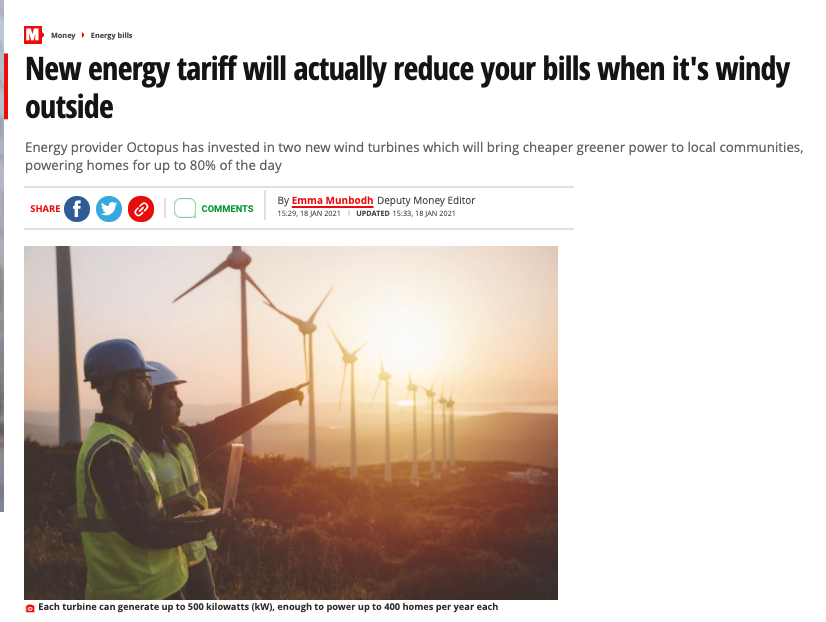 Mirror.co.uk headline reading 'New energy tariff will actually reduce your bills when it's windy outside'