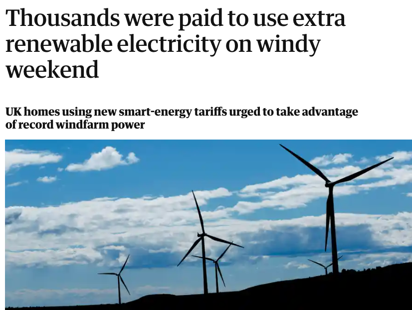 Guardian headline reading 'Thousands were paid to use extra renewable electricity on windy weekend'