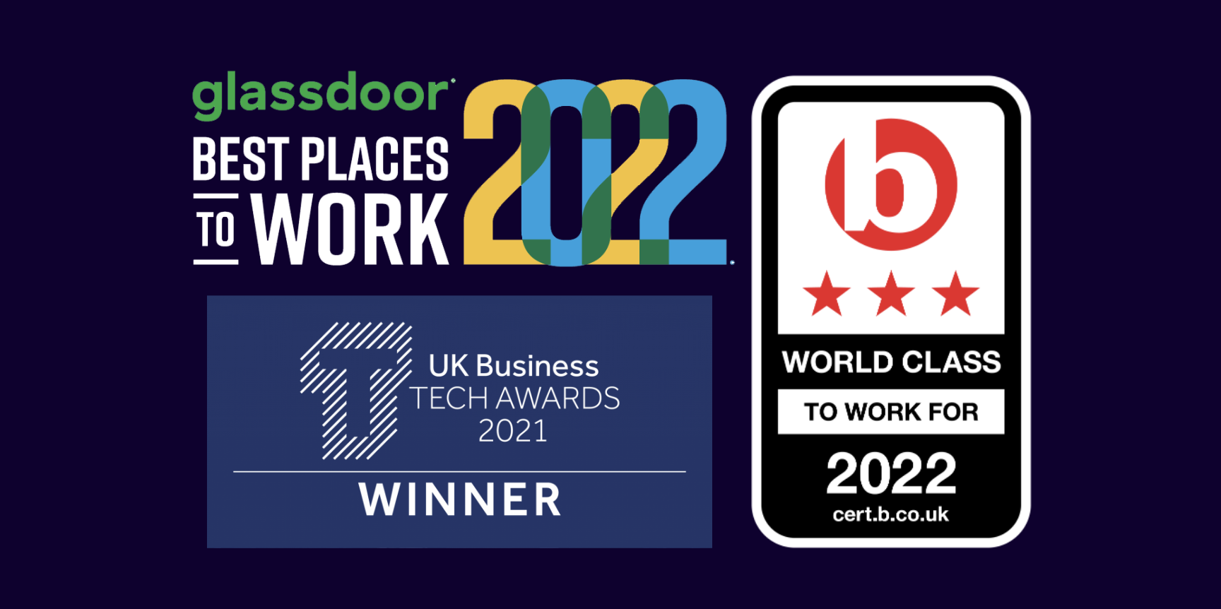 Employee Awards logos: Glassdoor Best company to work for 2022, World Class business to work for 2022, UK British tech awards 2021