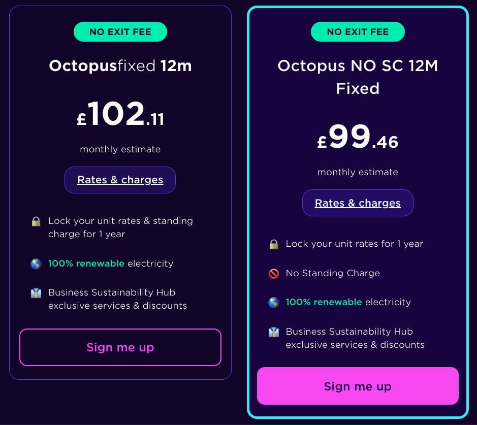 An example quote showing how the No Standing Charge Tariff can compare to our standard 12 month offer
