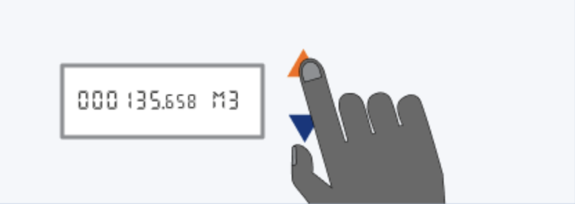 A smart meter display with a orange button and blue button