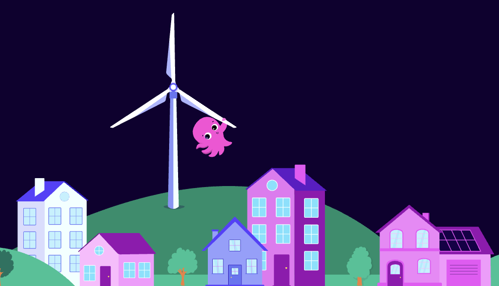 Illustrated wind turbine behind homes