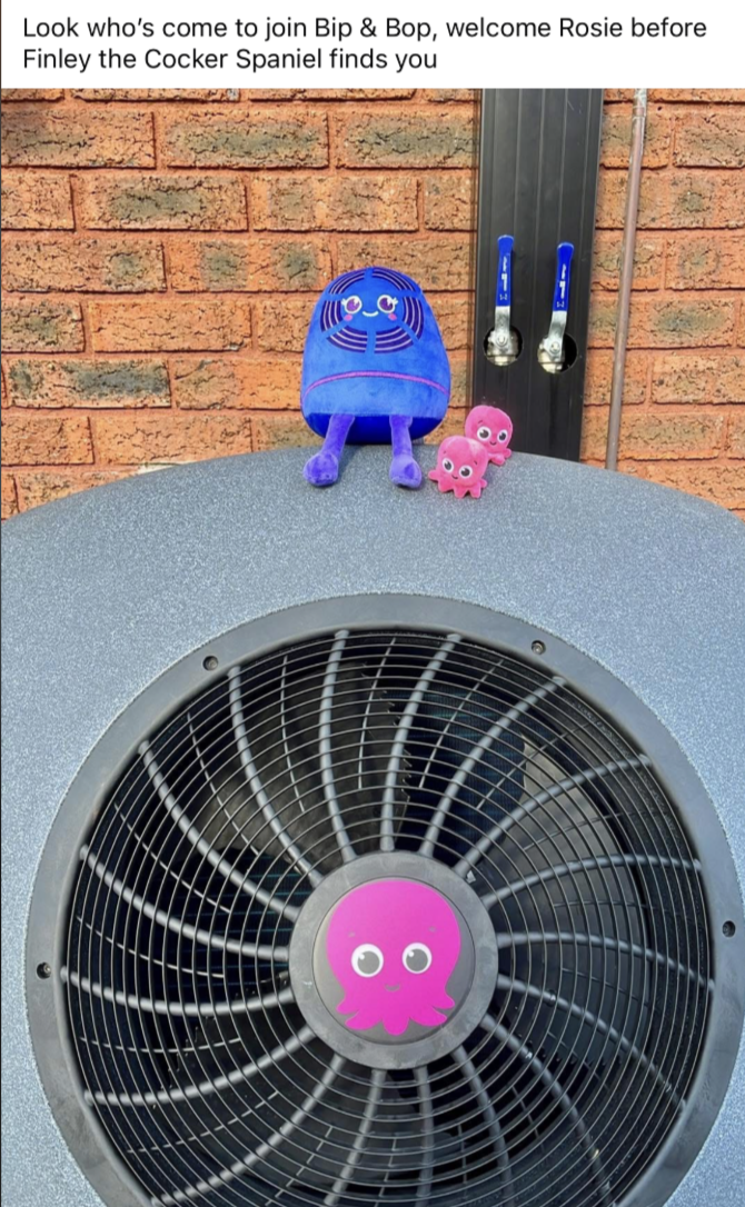 Customer photo: Rosie the Cosy sitting on Cosy Heat pump with octopus friends