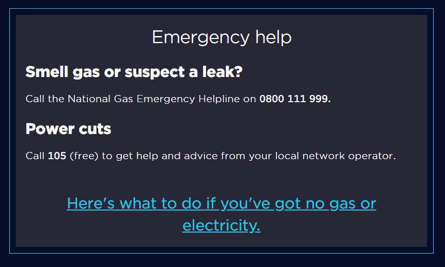 An image of a self contained action link that says 'here's what to do if you've got no gas or electricity'