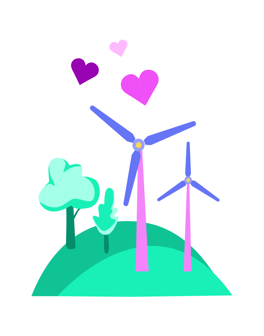 Windturbine on green hill with pink love hearts above