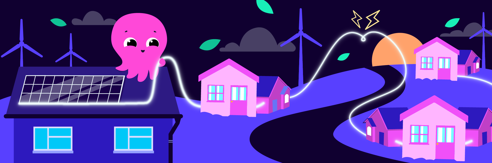 Illustration of homes being connected by wires to show them sharing solar power.