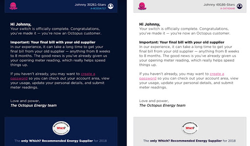 An image of two versions of our email template with different colour schemes
