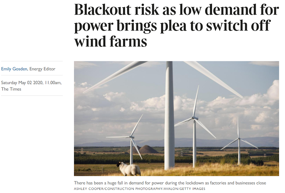 An image showing the title of an article in the Times. It says 'Blackout risk as low demand for power brings plea to switch off wind farms