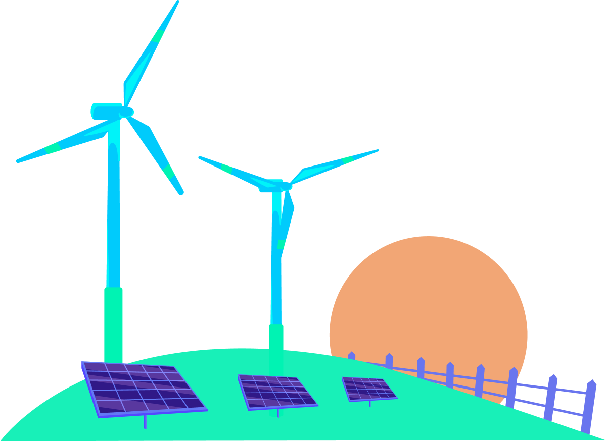 An illustration of turbines and solar panels on a sunny green field