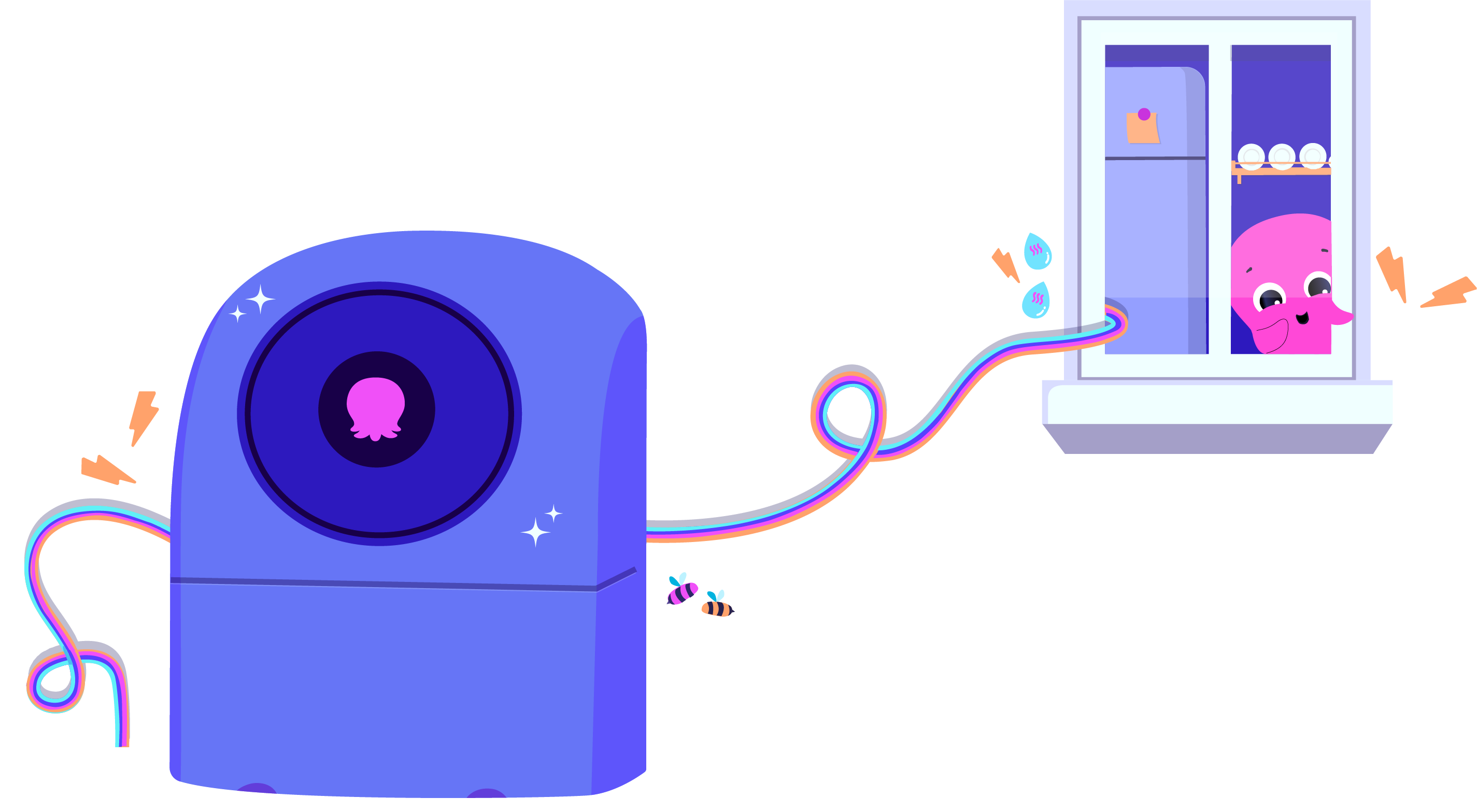 Octopus Energy's mascot looking out the window at a heat pump