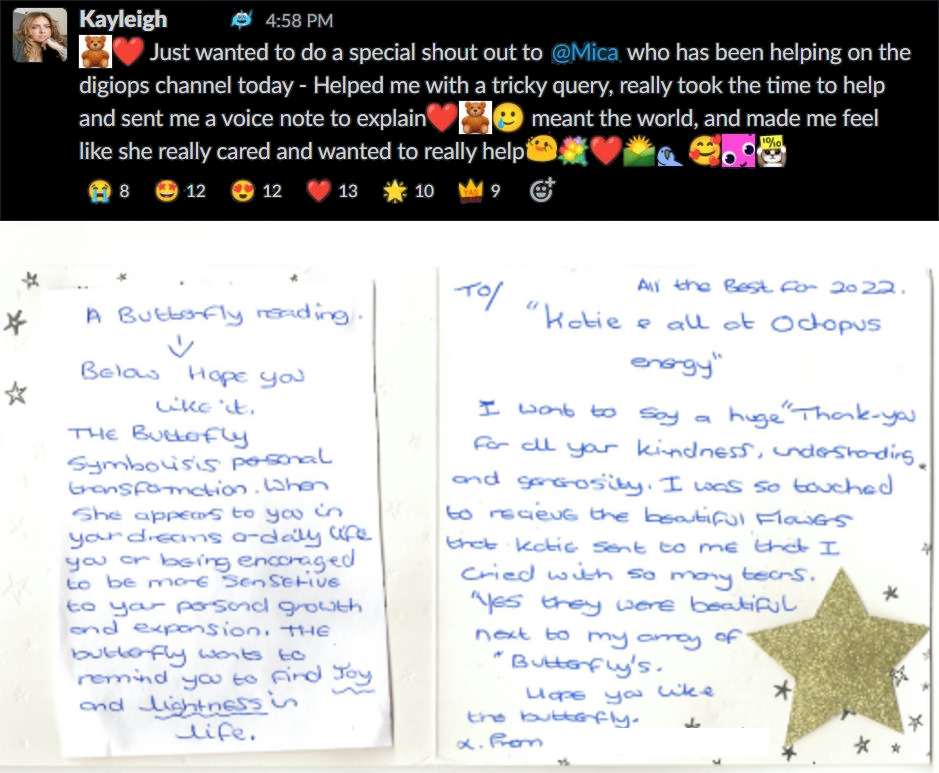 screenshot of #be-kind slack channel with handwritten customer letter