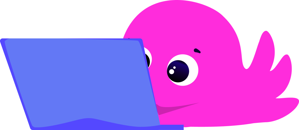 A cute bright-pink octopus lying on its stomach in front of a purple laptop