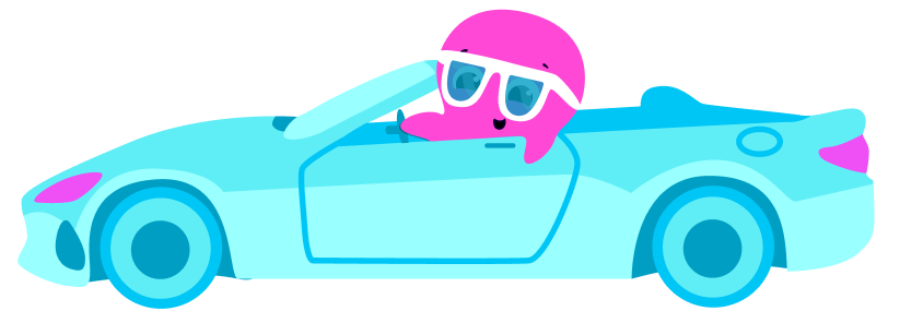 An image of a pink octopus in a sports car