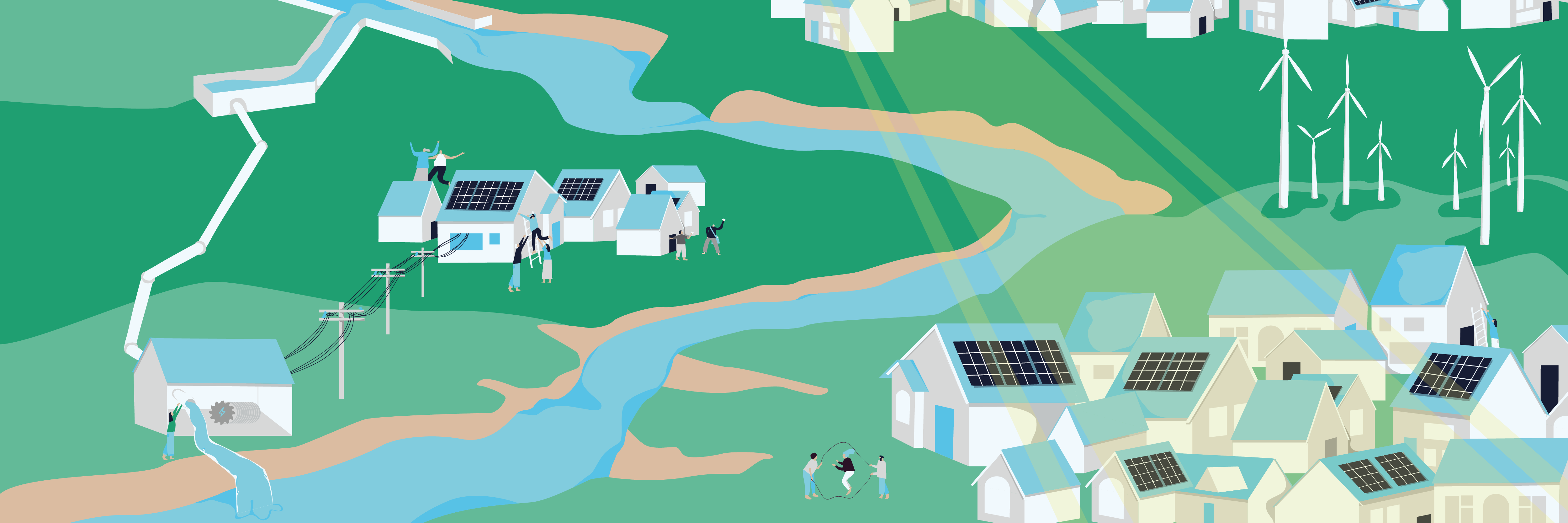 a graphic showing a landscape peppered with renewables
