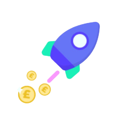 Rocket flying through the sky with coins coming out the exhaust.