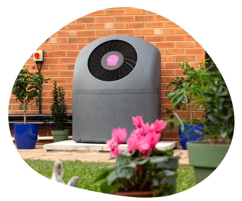Cosy heat pump in British garden