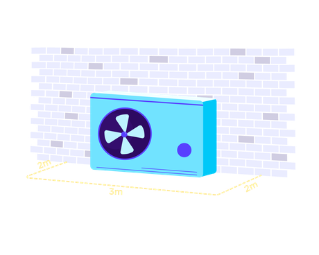 Measurements for an outdoor heat pump unit against a wall illustration