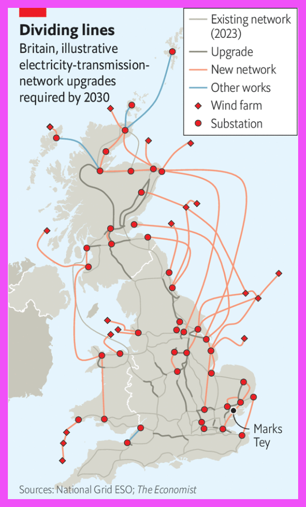 A map of the UK with lines drawn on it illustrating electricity-transmission network upgrades required by 2023