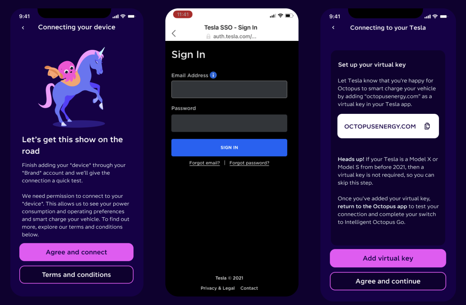 A screenshot of the Octopus app showing the Tesla auth process