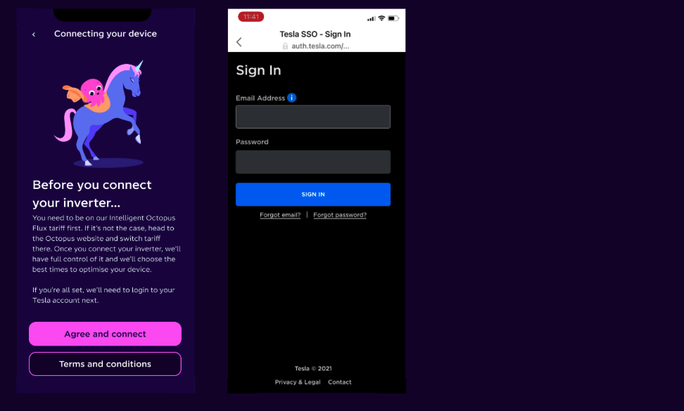 A screenshot showing the Octopus app and the Tesla login screen