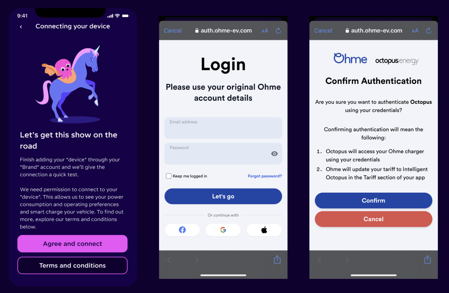 A screenshot of the T&C & Ohme Auth pages.