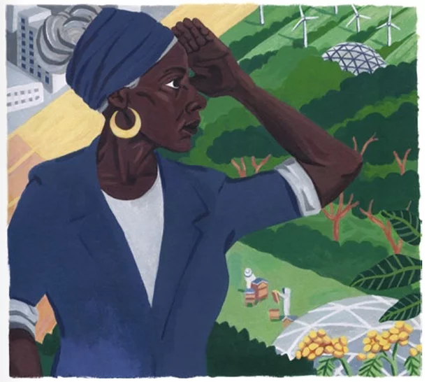 An illustration of Baroness Lola Young staring out over a landscape