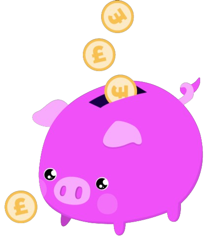 A pink piggy bank with green pound notes coming out the top