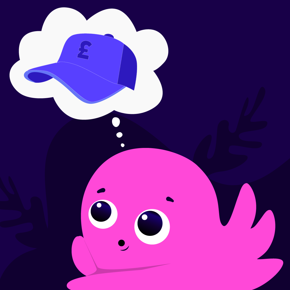 Constantine the pink octopus wearing graduation cap with wand in the air and coins coming out