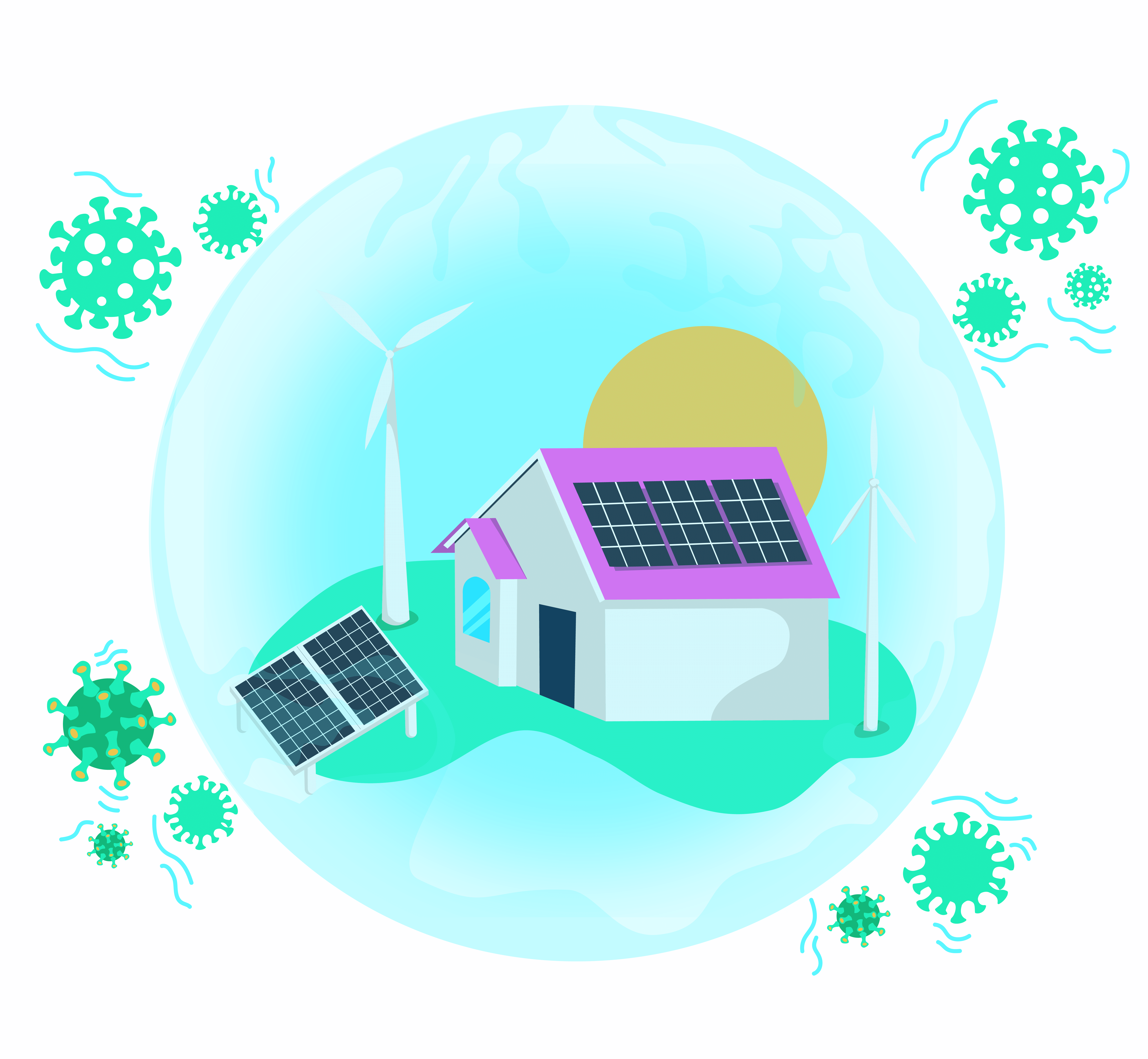 A picture of a solar farm deflecting the covid 19 virus