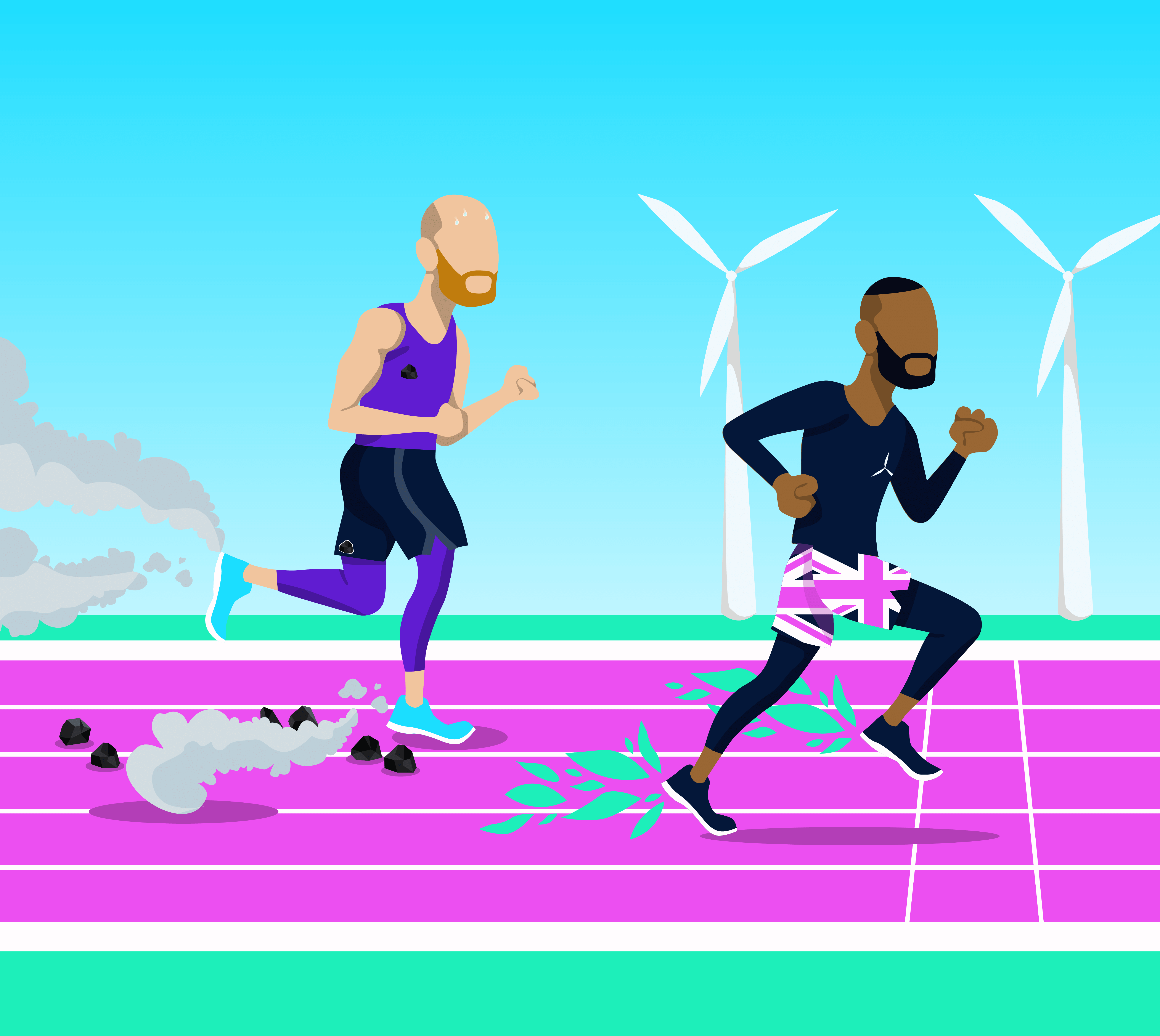 a runner in green running gear outpaces a runner in coal themed running gear.