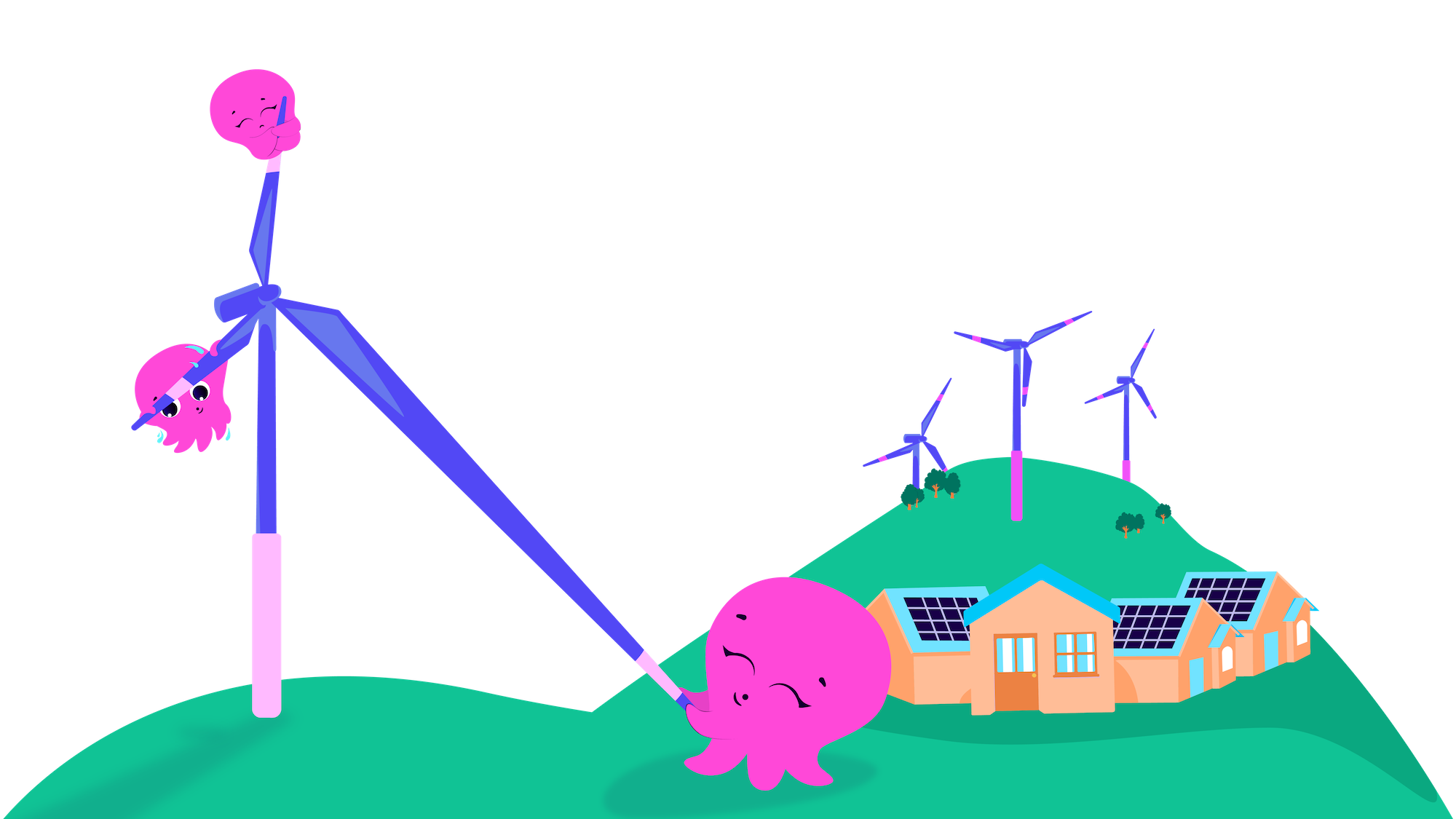 The Octopus energy mascot Constantine extending a turbine blade