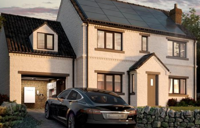 a picture of a smart home with an electric vehicle parked outside