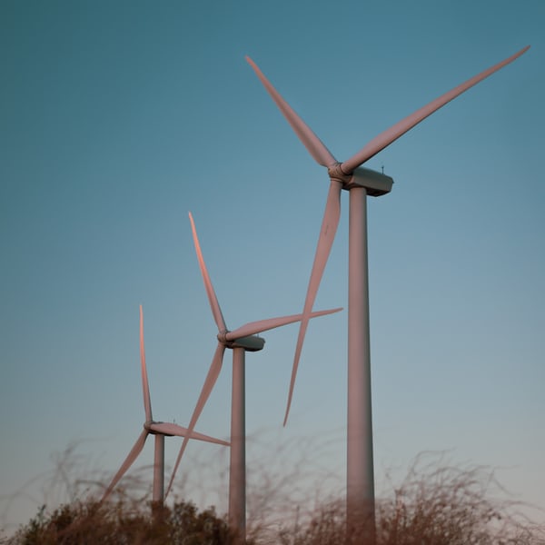 A photo of 3 large wind farms in a row, at dusk.